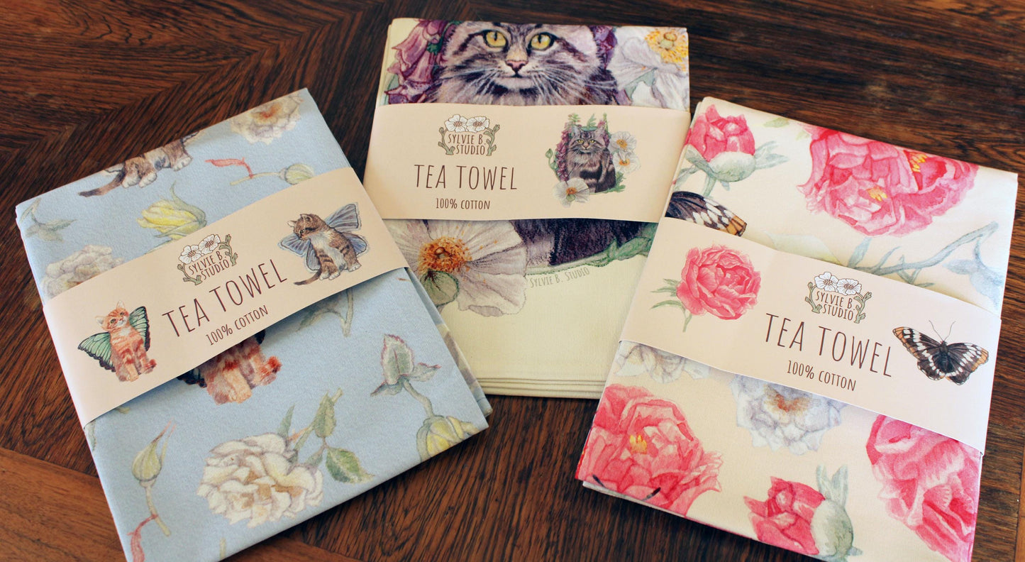 Foxglove Cat Tea Towel
