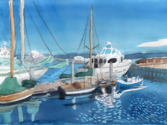 Marina Original Watercolor Boat Painting