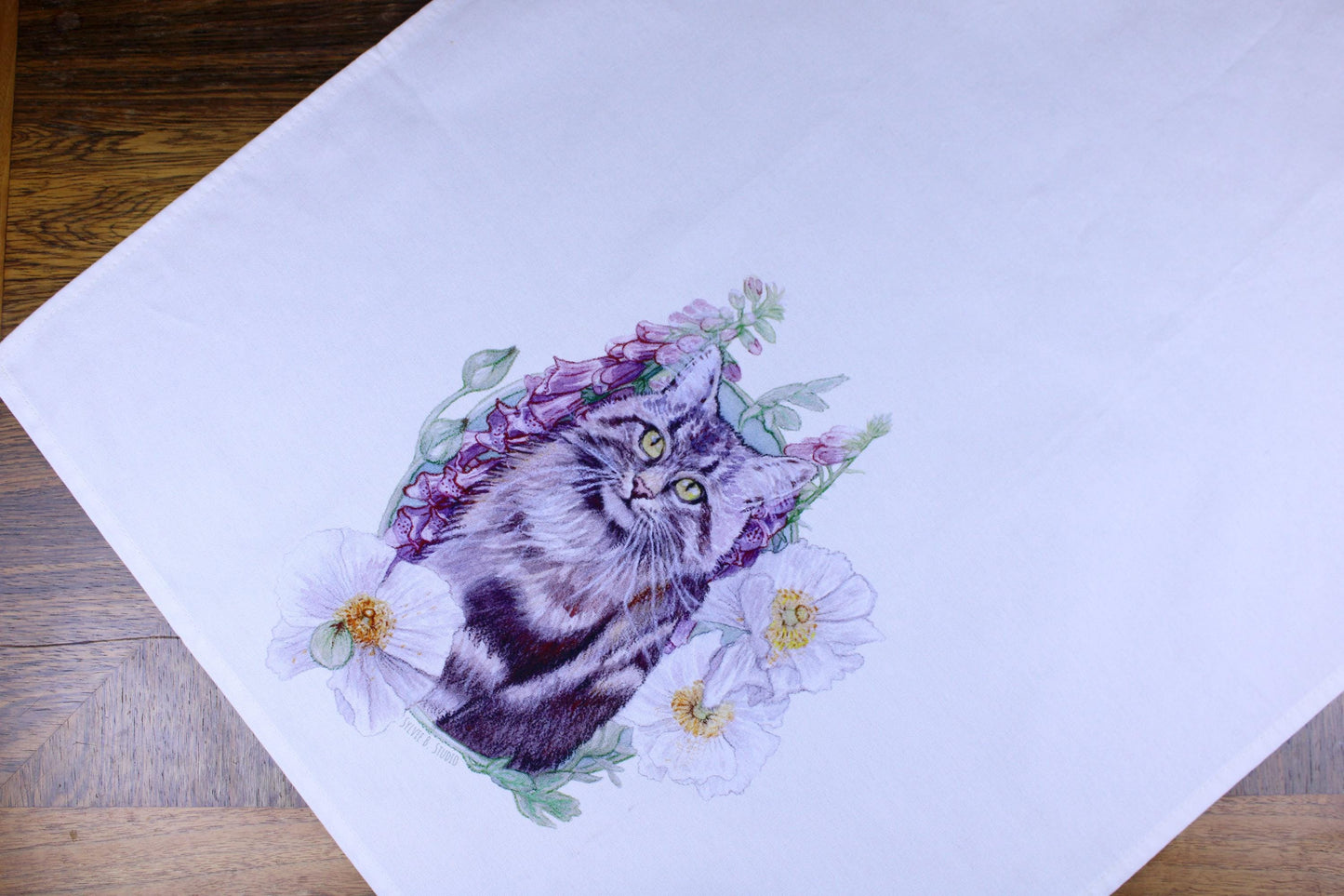 Foxglove Cat Tea Towel